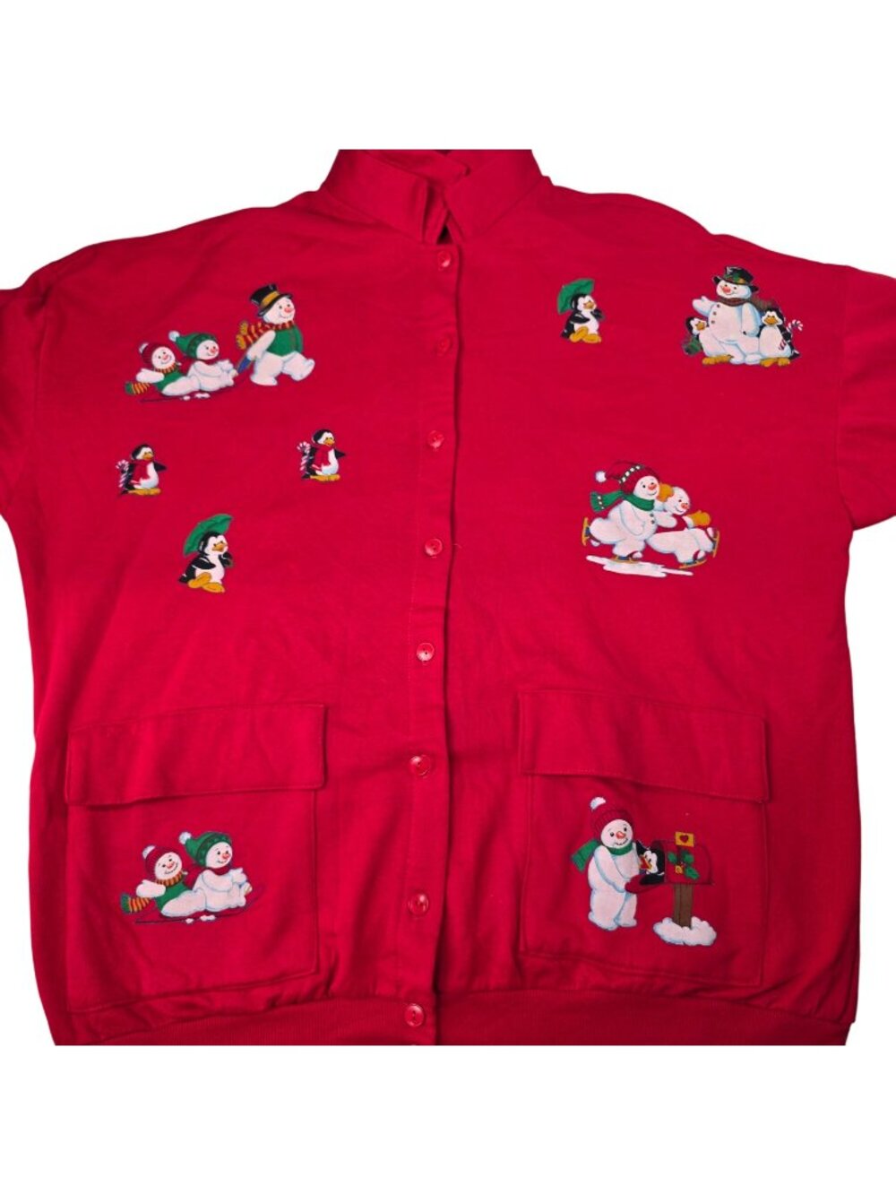 Vintage DiCarlo Red Button-Up Christmas Cardigan W/ Snowman Print